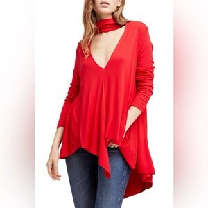 Free People Red Uptown Turtle Chocker Collar Asymmetrical Tunic Top Size L